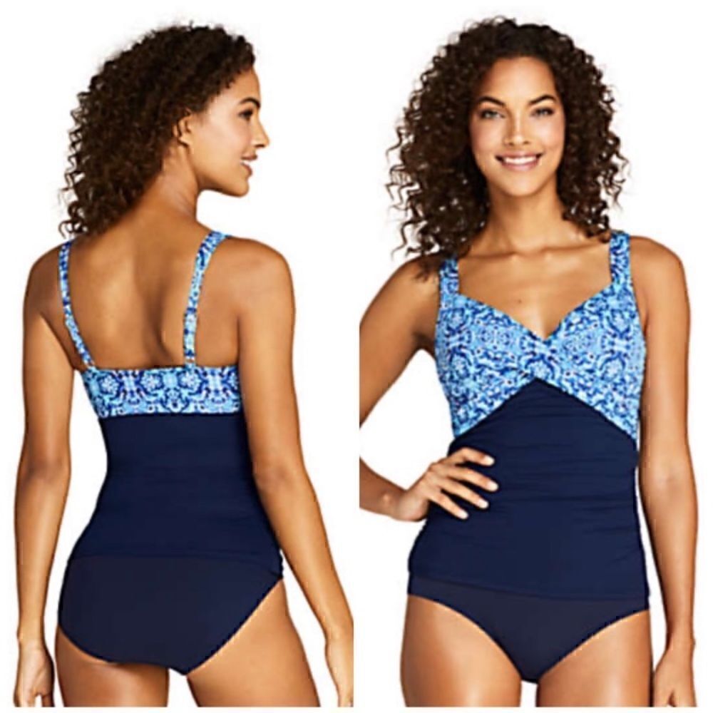 Land’s End V neck wrap underwire tankini navy and print adjustable straps 8
